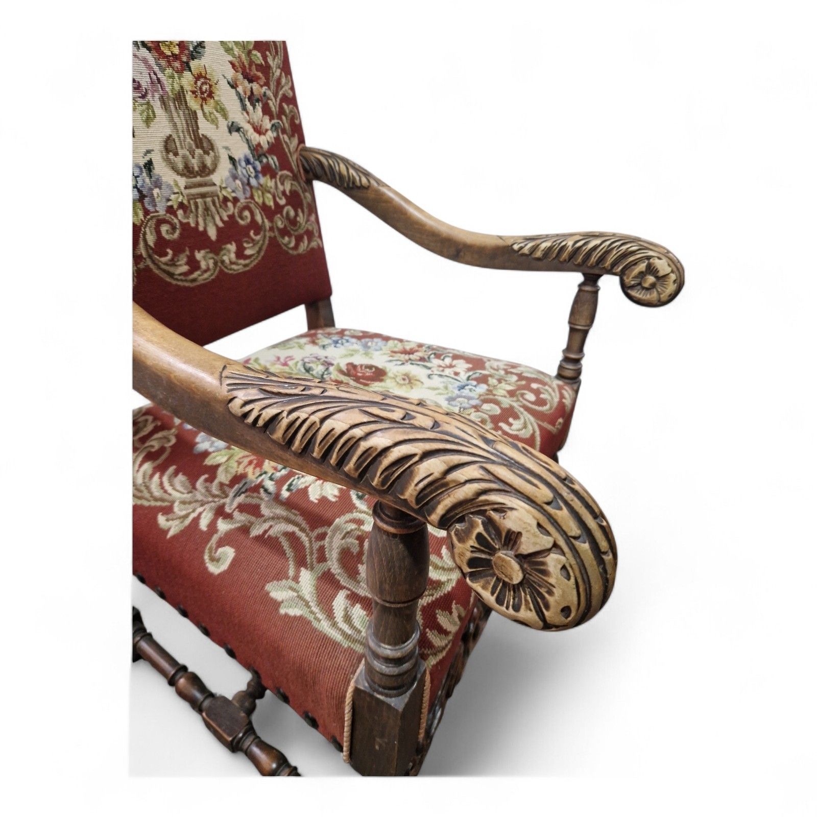 photo furniture Antique Carved Wood Armchair Continental Oak Throne Chair Large Floral Statement