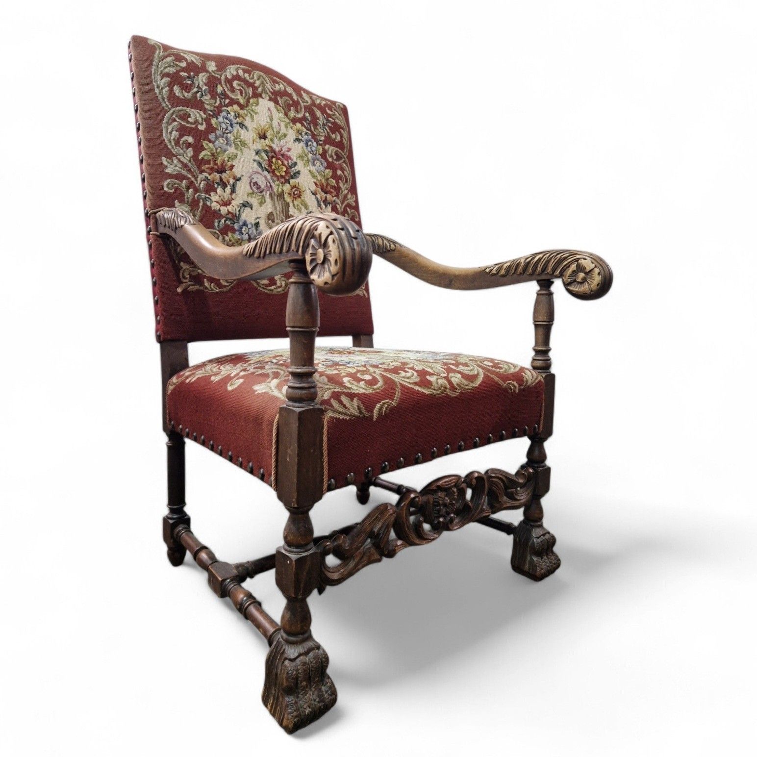 280.0 Antique Carved Wood Armchair Continental Oak Throne Chair Large Floral Statement photo