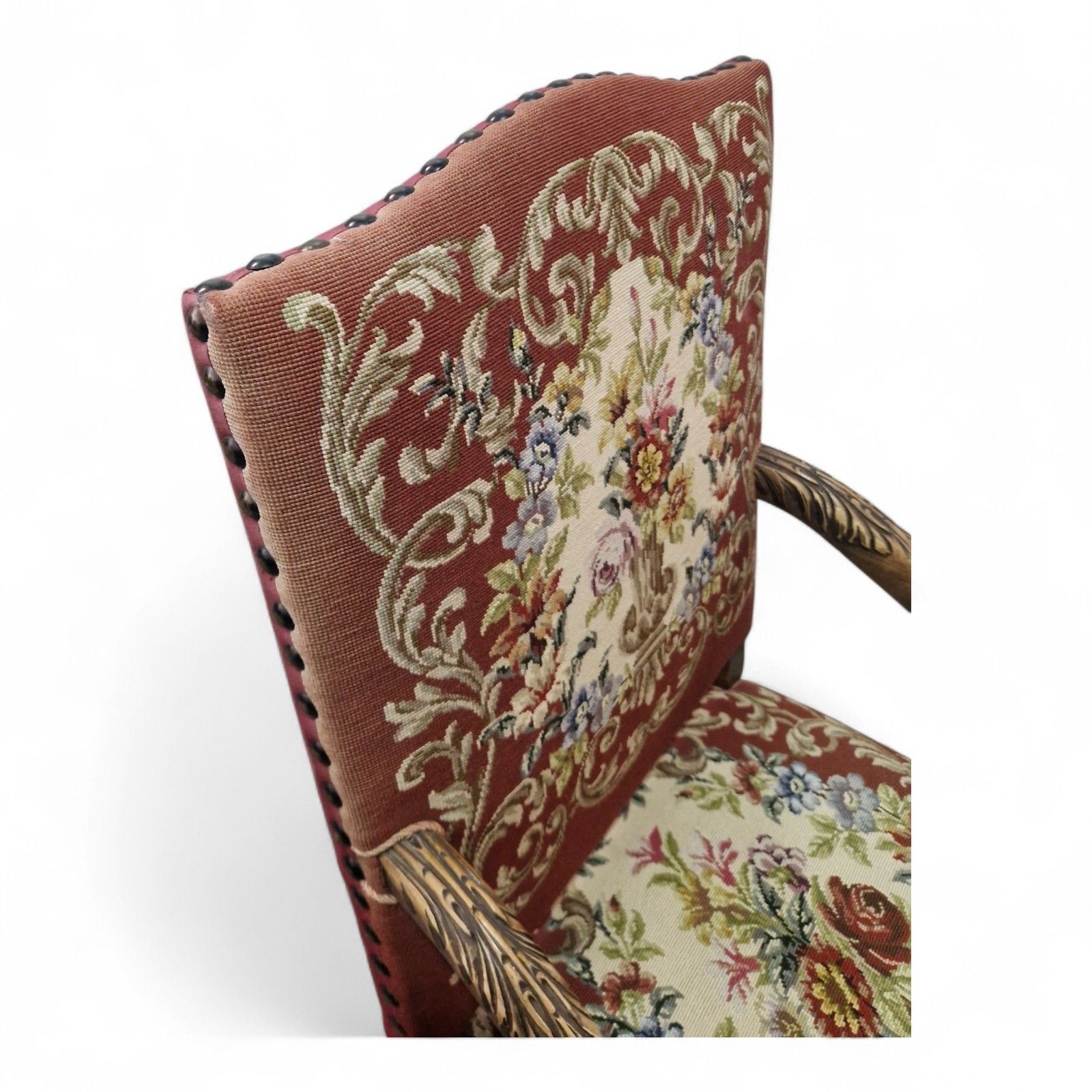 photo vinterior Antique Carved Wood Armchair Continental Oak Throne Chair Large Floral Statement