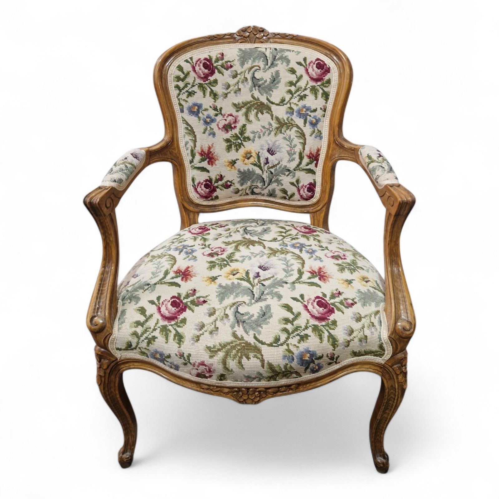 French Walnut Armchair Carved Cabriole Floral Upholstery Bedroom Chair Pretty photo furniture