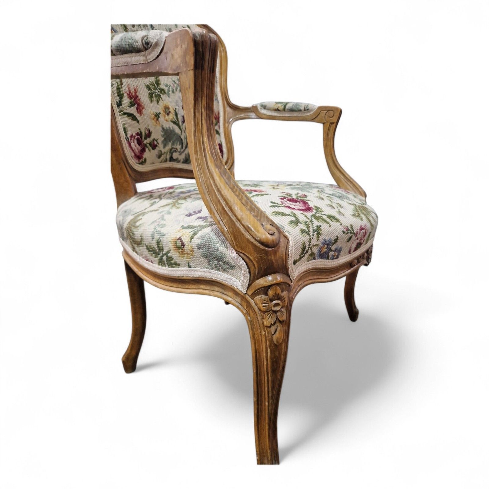 photo furniture French Walnut Armchair Carved Cabriole Floral Upholstery Bedroom Chair Pretty