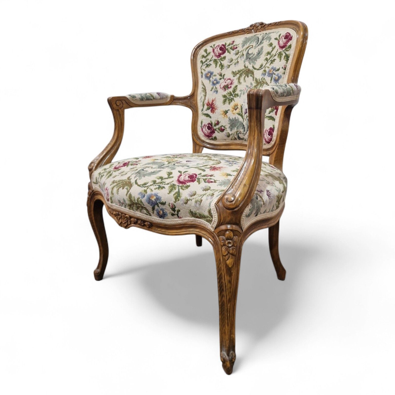 photo vinterior French Walnut Armchair Carved Cabriole Floral Upholstery Bedroom Chair Pretty
