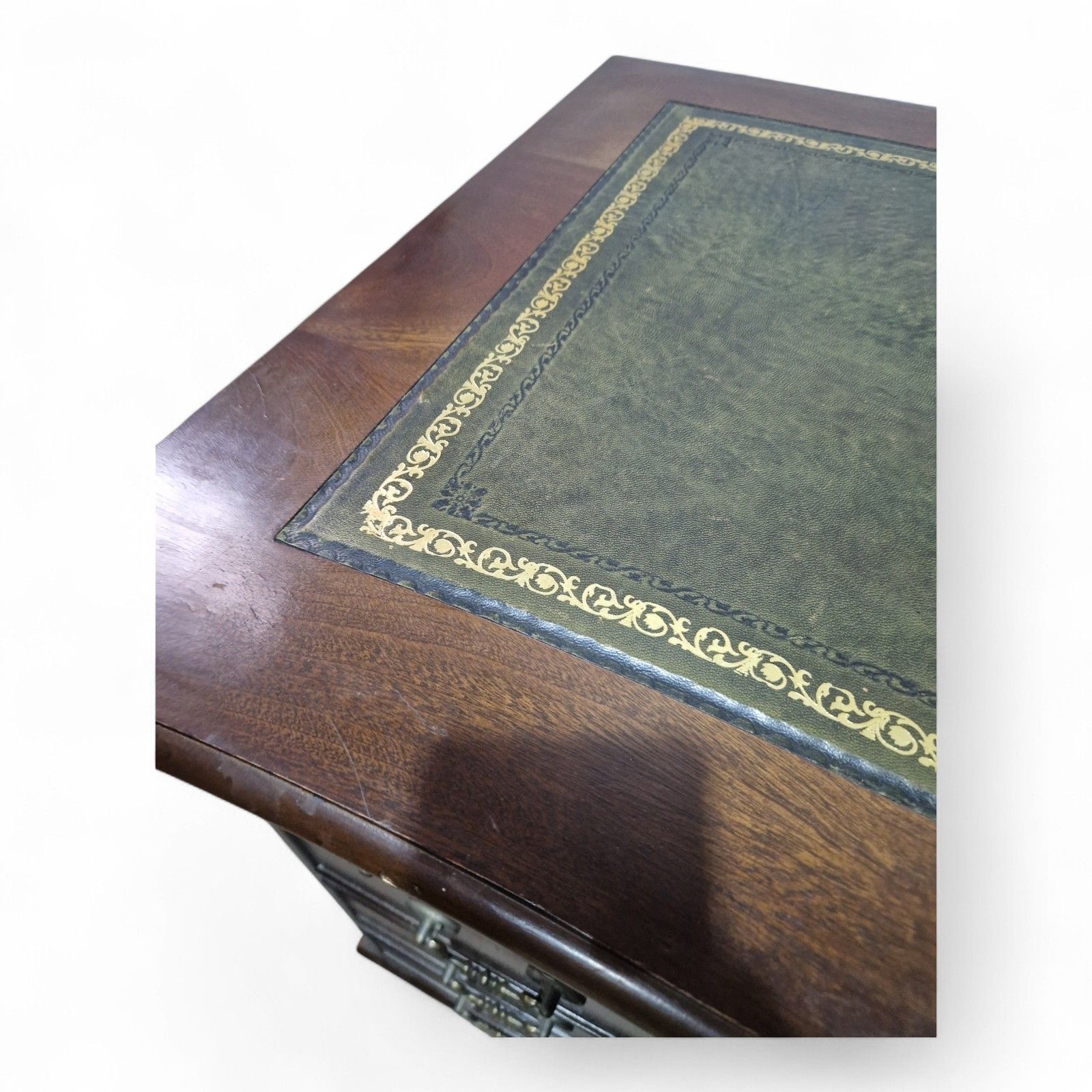 Furniture Antique Style Kneehole Desk Mahogany Pedestal Green Leather Serpentine Top photo