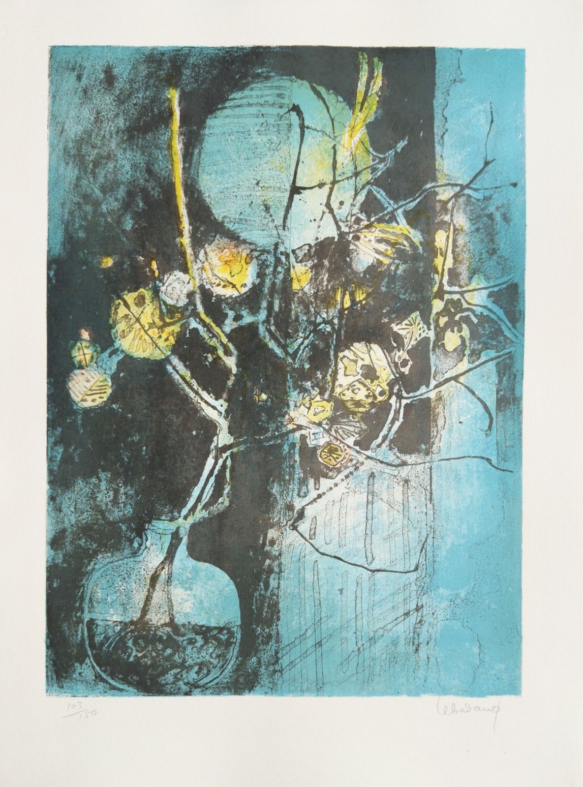 Dang Lebadang Original Lithograph Signed Numbered Blue Flowers 1975 Vietnamese Art