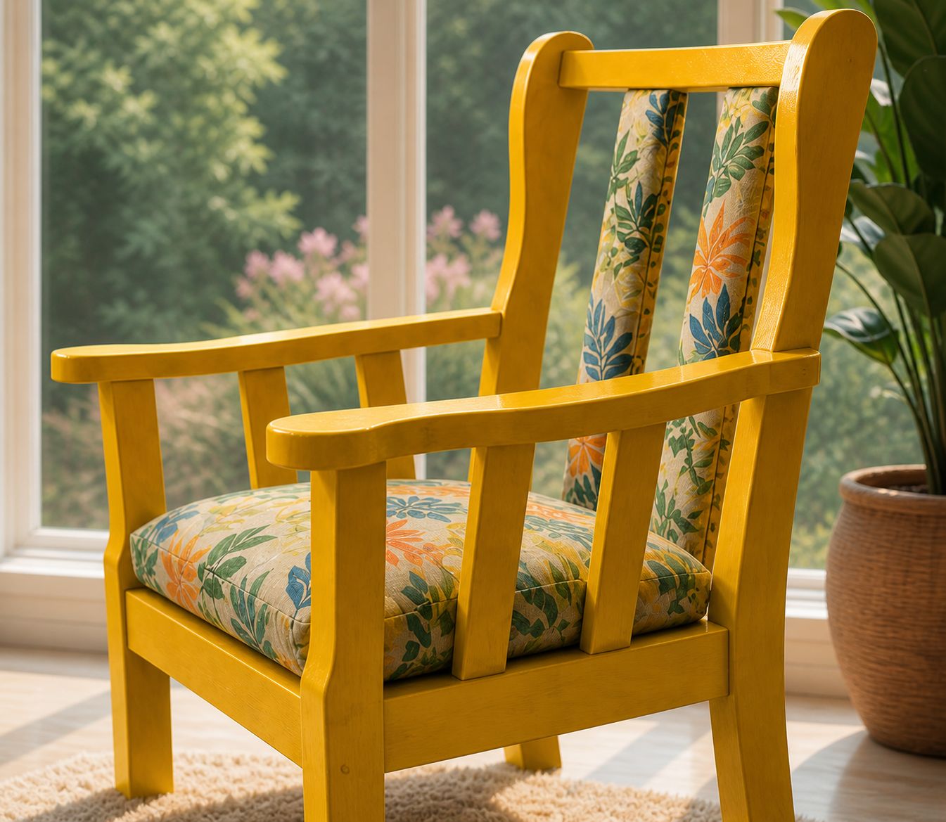 Wooden Armchair Renovated In Yellow Colors photo for sale