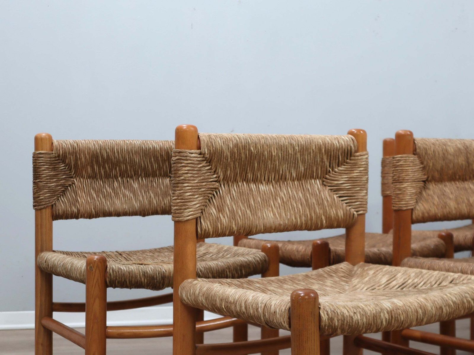 Set Of 8 Chairs 1960s Charlotte Perriand Style Woven Straw & Wood photo furniture