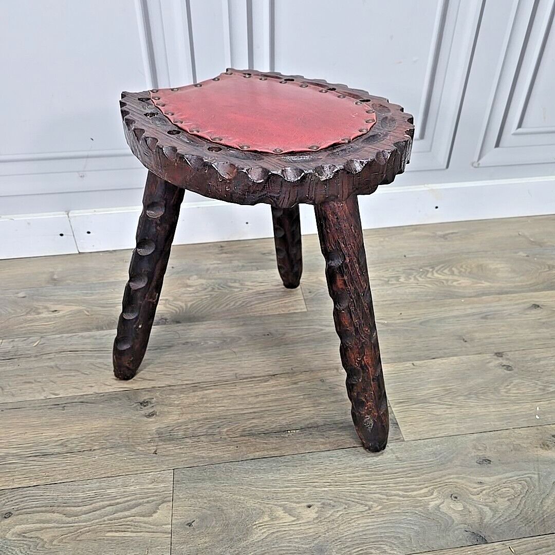 Retro Vintage Spanish Stool Brutalist Wooden Carved Horseshoe Tripod Seat