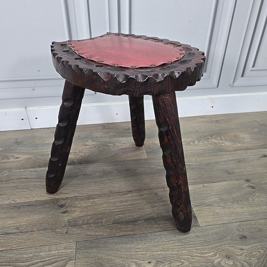 Retro Vintage Spanish Stool Brutalist Wooden Carved Horseshoe Tripod Seat photo for sale