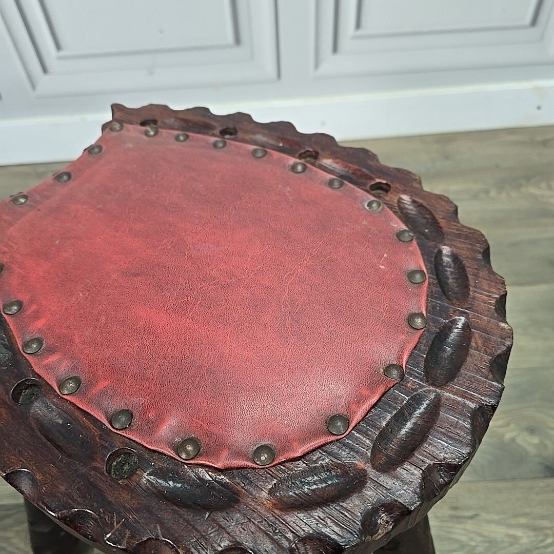Furniture Retro Vintage Spanish Stool Brutalist Wooden Carved Horseshoe Tripod Seat photo