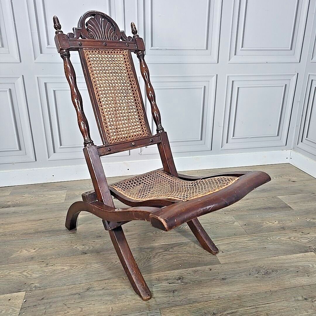Antique Vintage Folding Officers Campaign "Safari" Chair Wooden Cane Seat