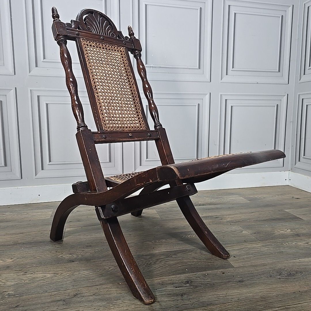 Antique Vintage Folding Officers Campaign "Safari" Chair Wooden Cane Seat photo furniture