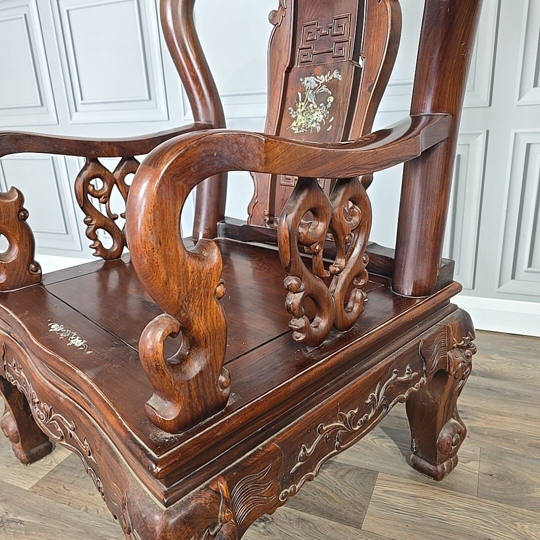 photo for sale Antique Chinese Arm Chair Oriental Carved Heavy Rosewood Throne Mother Of Pearl