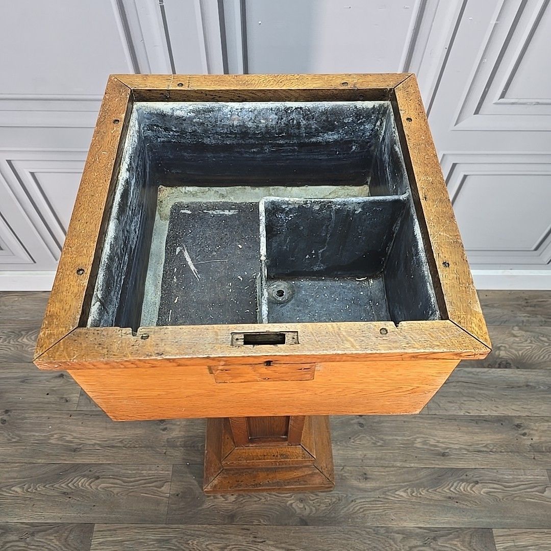 430.0 Antique Oak Church Font Offertory Box Lead Lined Planter Bust Flower Stand Table photo