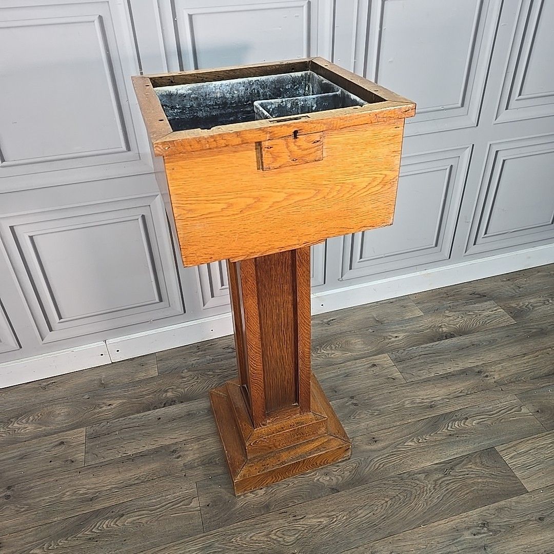 photo vintage Antique Oak Church Font Offertory Box Lead Lined Planter Bust Flower Stand Table