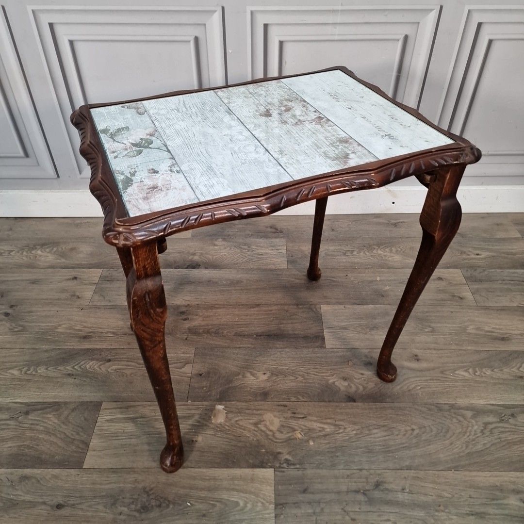 Vintage Side Coffee Table Glass Top Occasional Table Retro Wooden Carved