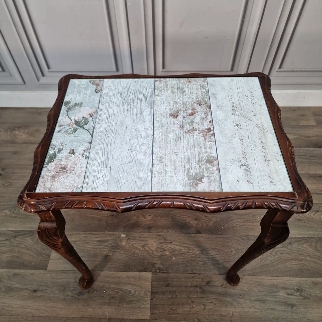 Vintage Side Coffee Table Glass Top Occasional Table Retro Wooden Carved photo Furniture