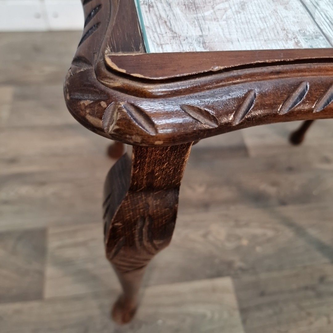 Vintage Side Coffee Table Glass Top Occasional Table Retro Wooden Carved photo buy