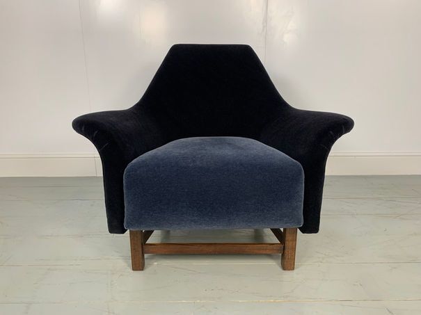 George Smith “Justice” Armchair By Tom Dixon In Blue & Black Mohair Velvet