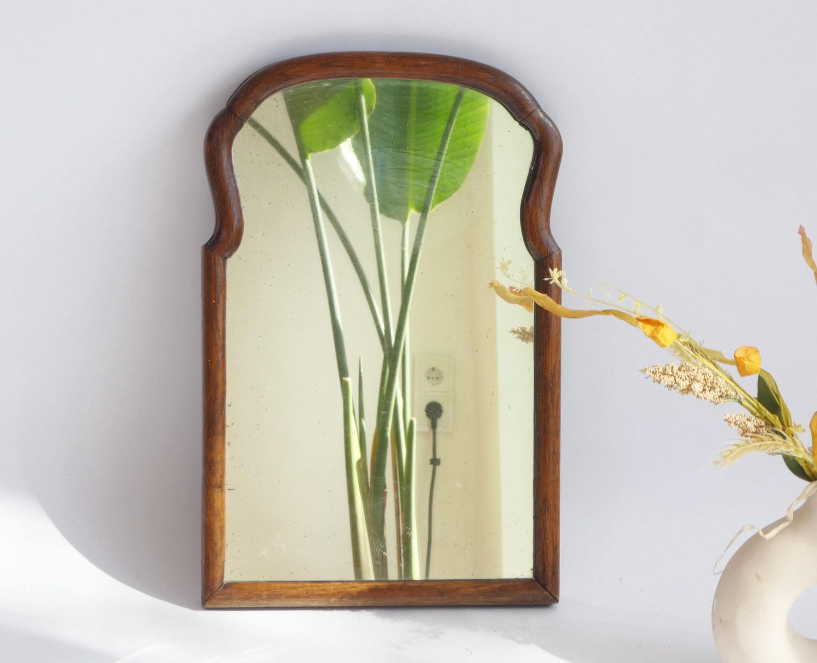 Small 19th Century Arched Scalloped Wall Mirror, Wooden Framed Dutch Wall Mirror, Farmhouse Decor
