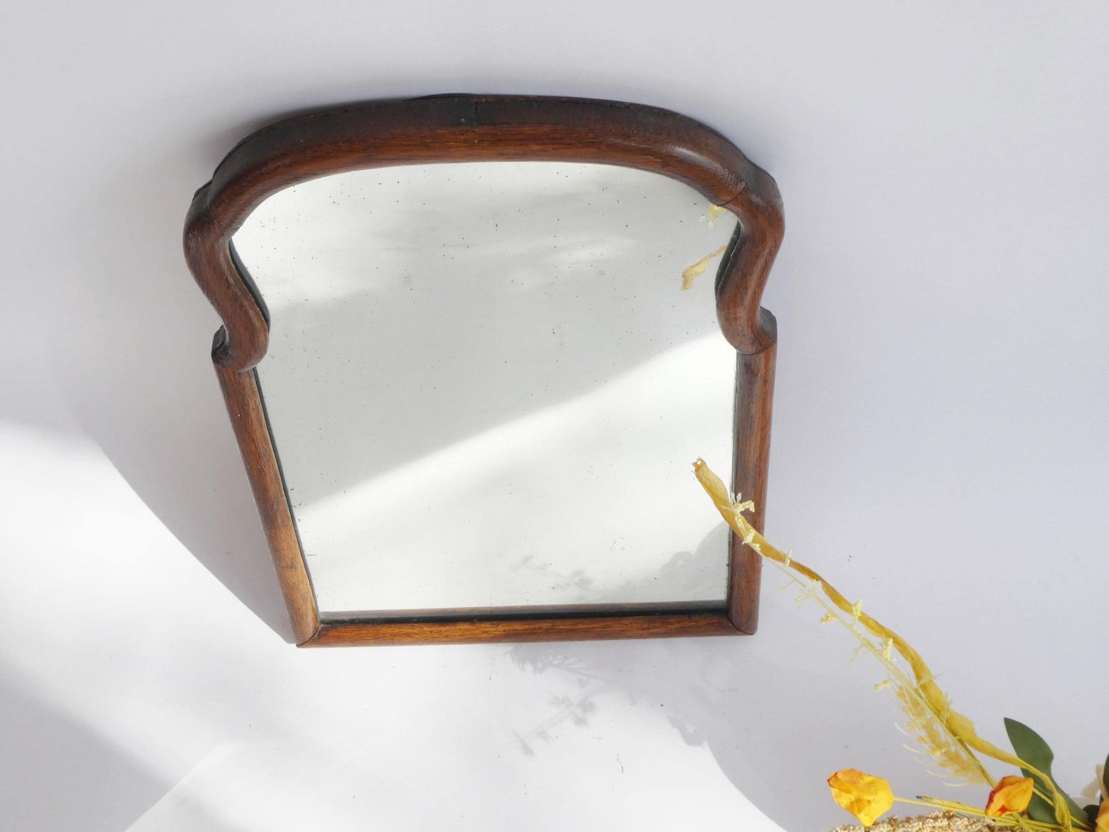 Small 19th Century Arched Scalloped Wall Mirror, Wooden Framed Dutch Wall Mirror, Farmhouse Decor photo for sale