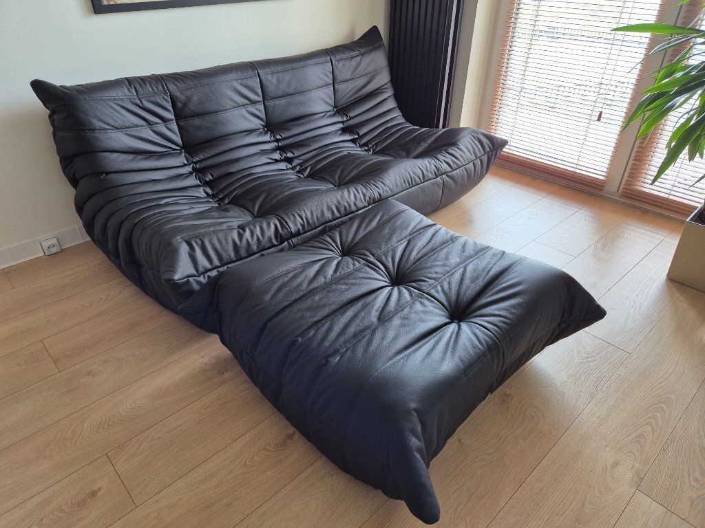 Michel Ducaroy For Ligne Roset Black Leather Togo Sofa And Pouf, Set Of 2