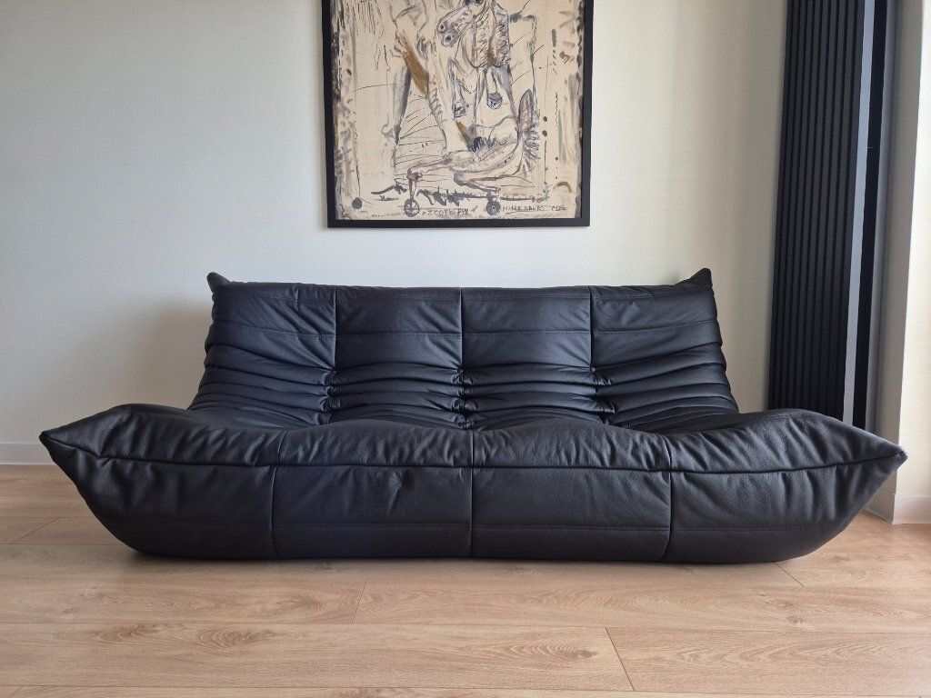 Michel Ducaroy For Ligne Roset Black Leather Togo Sofa And Pouf, Set Of 2 photo 4578.0