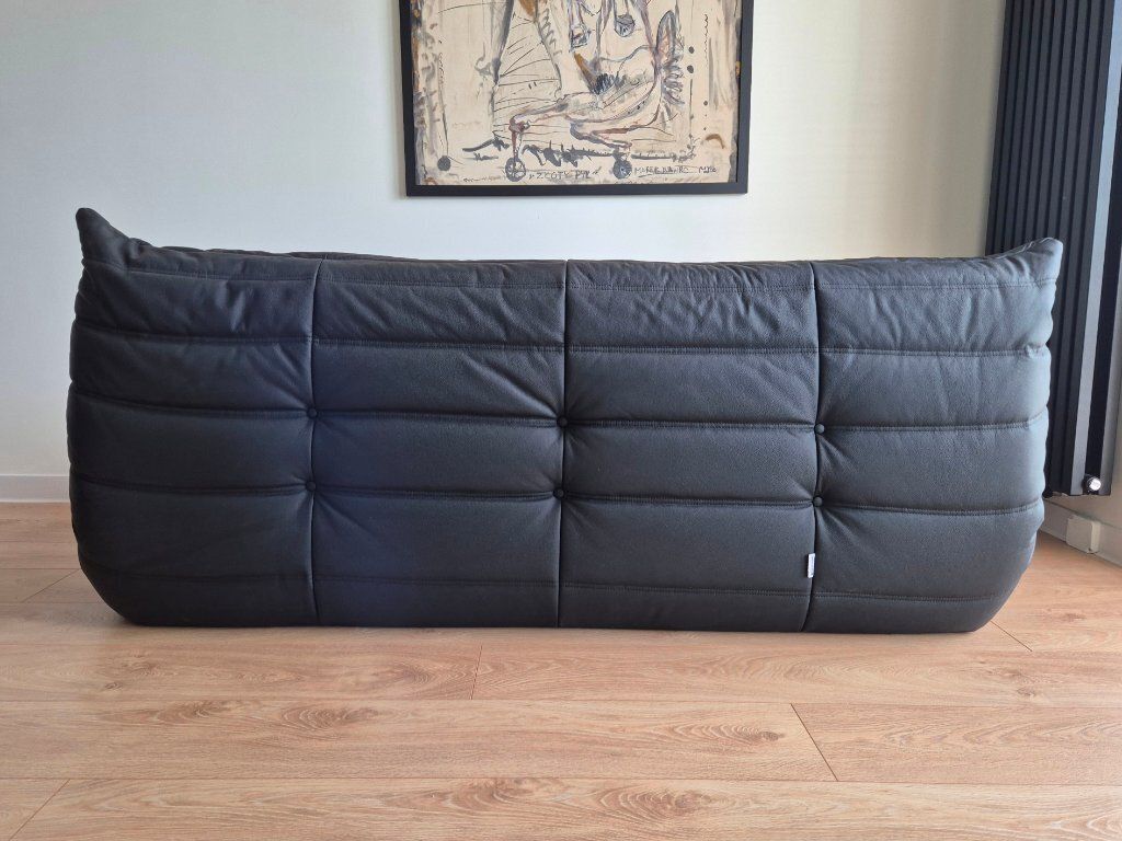 Michel Ducaroy For Ligne Roset Black Leather Togo Sofa And Pouf, Set Of 2 photo vinterior