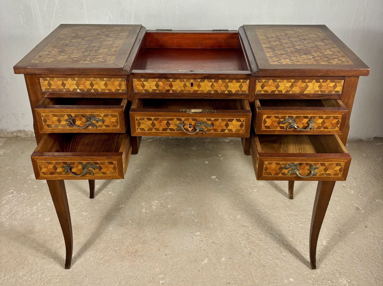 photo buy Early 20th Century Spanish Marquetry Vanity Desk With Drop Leaves