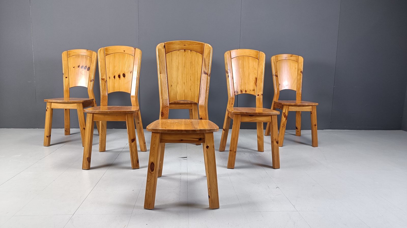 Vintage Pine Wood Dining Chairs   1970s