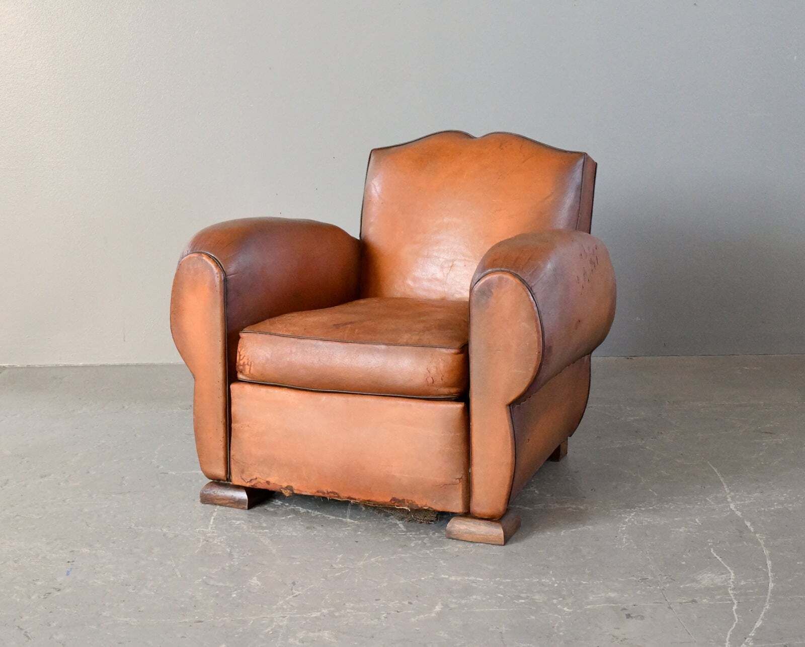 French Moustache Backed Art Deco Leather Armchair Circa 1920s photo vintage