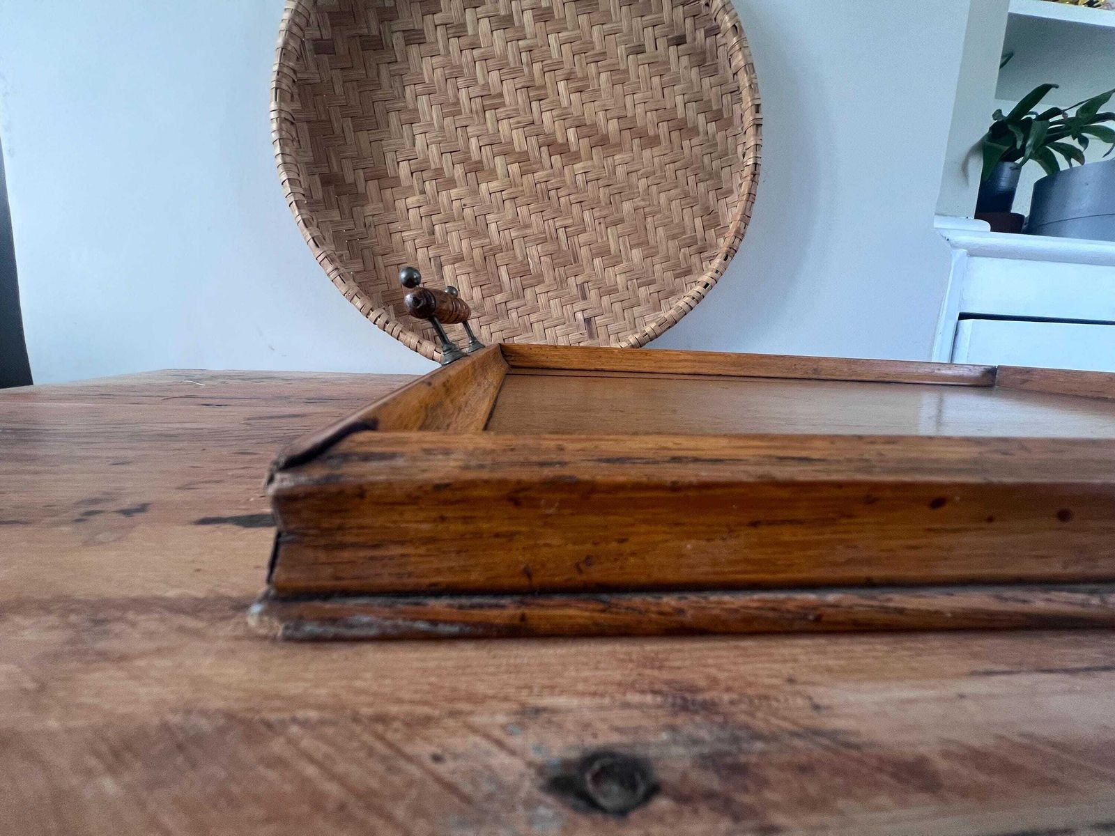 Antique Edwardian Oak Serving Tray | Large 19th Century Butler's Tea Tray With Turned Spindle Handles | Dark Wood Rustic Farmhouse Decor photo buy