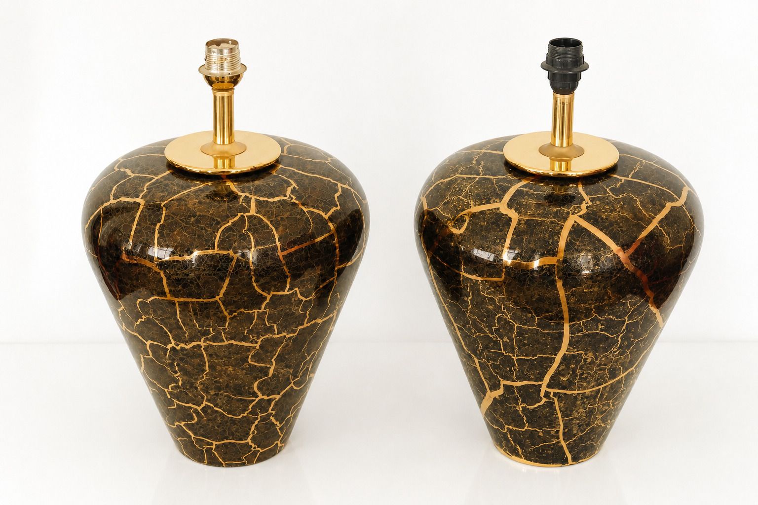 20th Century Pair Of Baluster Shaped Table Lamps In Glazed Black & Gold Ceramic photo vinterior