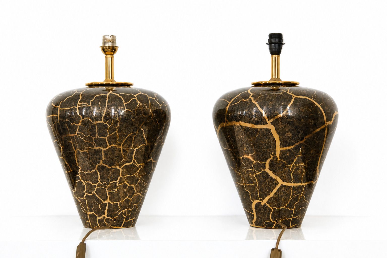 Lighting 20th Century Pair Of Baluster Shaped Table Lamps In Glazed Black & Gold Ceramic photo
