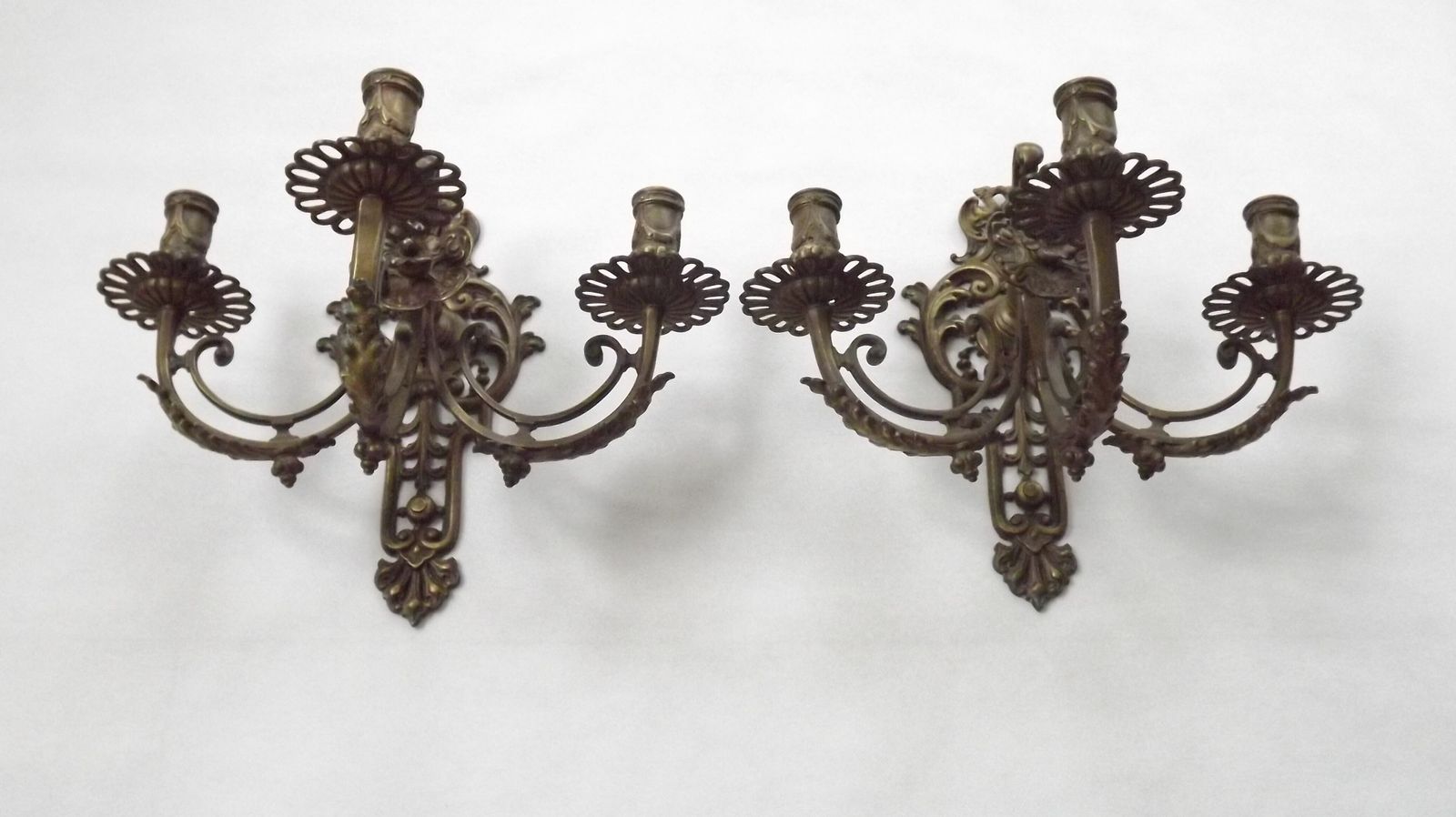 Pair Of Large Heavy Victorian Bronze Triple Wall Sconces Griffin Acanthus & Flower Detail photo furniture