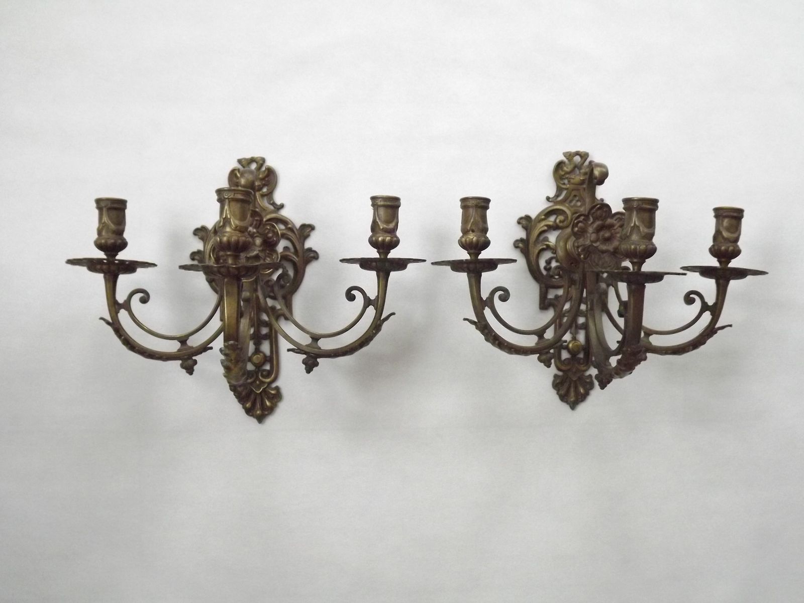 Pair Of Large Heavy Victorian Bronze Triple Wall Sconces Griffin Acanthus & Flower Detail photo for sale