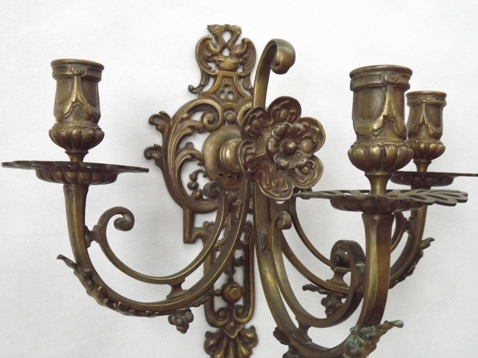 Pair Of Large Heavy Victorian Bronze Triple Wall Sconces Griffin Acanthus & Flower Detail photo vintage