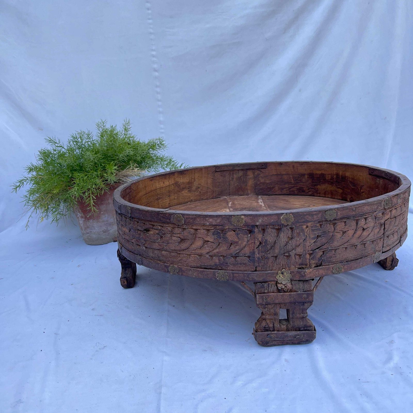 Antique Indian Chakki Grinder Table , Hand Carved Floral Wooden Low Table , Heritage Rustic Decor photo for sale
