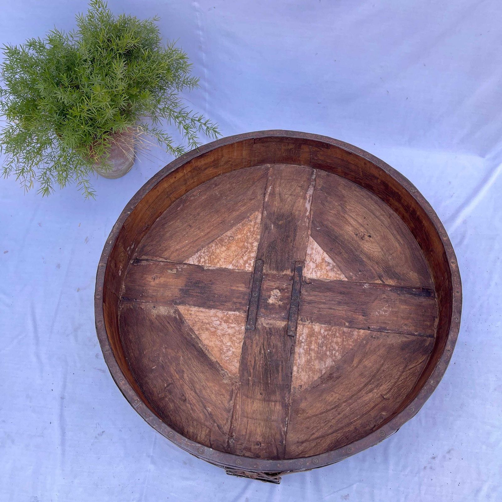Antique Indian Chakki Grinder Table , Hand Carved Floral Wooden Low Table , Heritage Rustic Decor photo Furniture