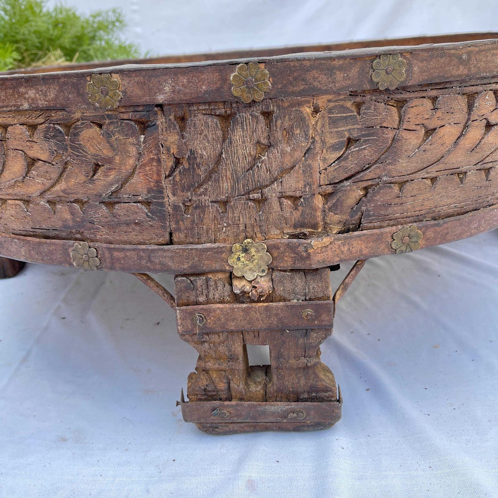 Antique Indian Chakki Grinder Table , Hand Carved Floral Wooden Low Table , Heritage Rustic Decor photo buy