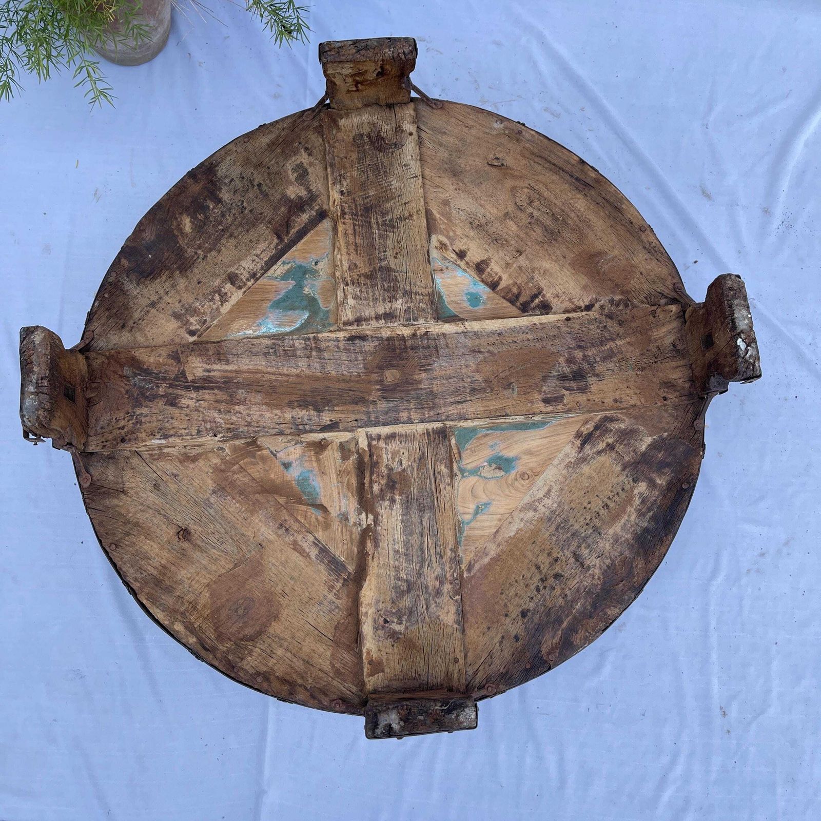 Antique Indian Chakki Grinder Table , Hand Carved Floral Wooden Low Table , Heritage Rustic Decor photo vintage