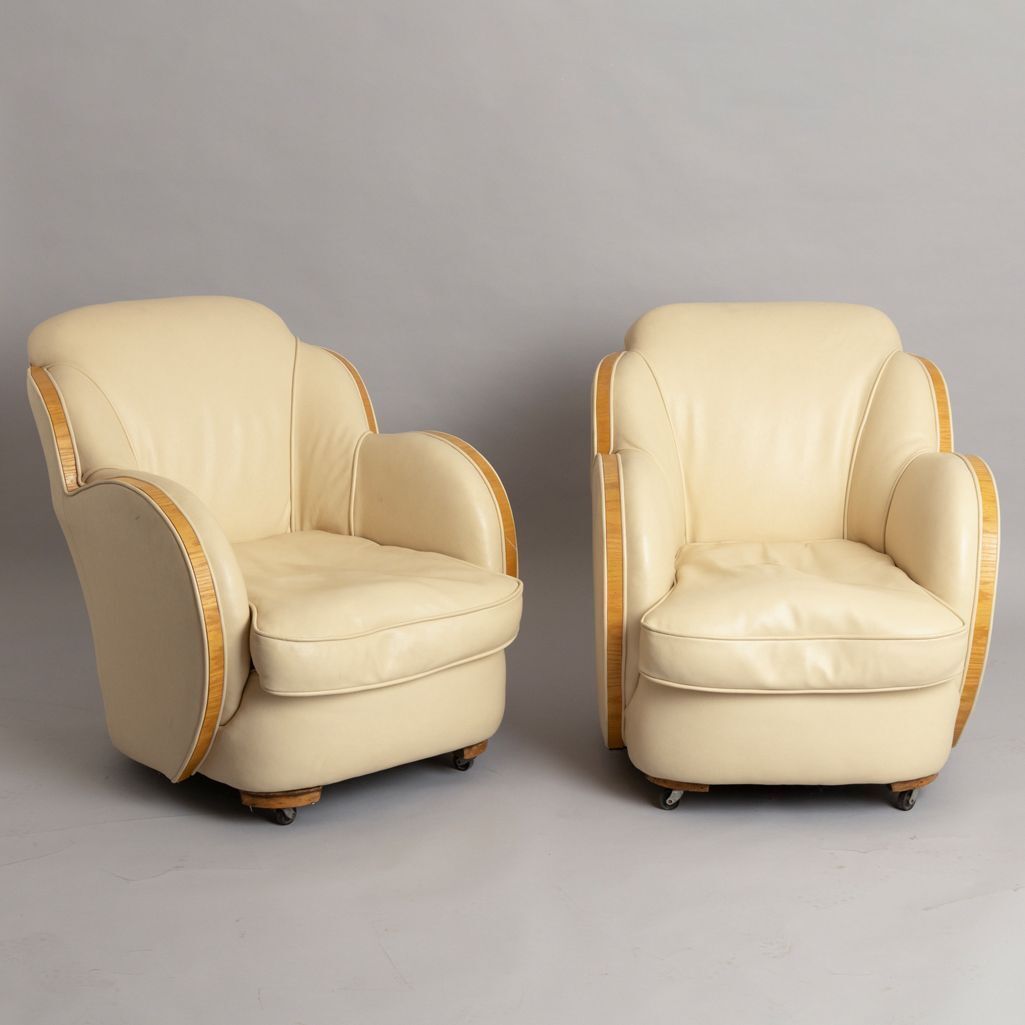 photo furniture Art Deco 'Cloud' Living Room Suite In Cream Leather By Harry & Lou Epstein, Comprising Of Sofa & Two Armchairs