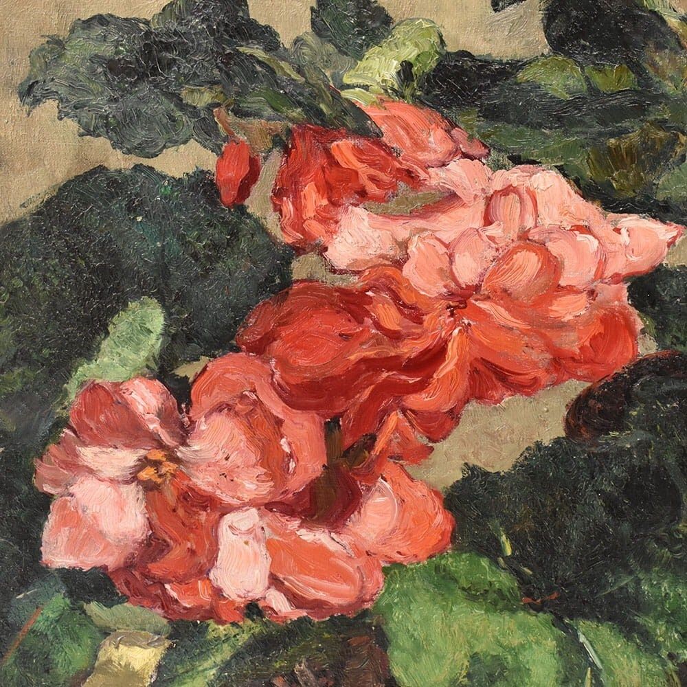 Still Life Flowers Painting, Spring Floral, Geraniums Or Begonias, Oil On Canvas, XX. photo 2400.0