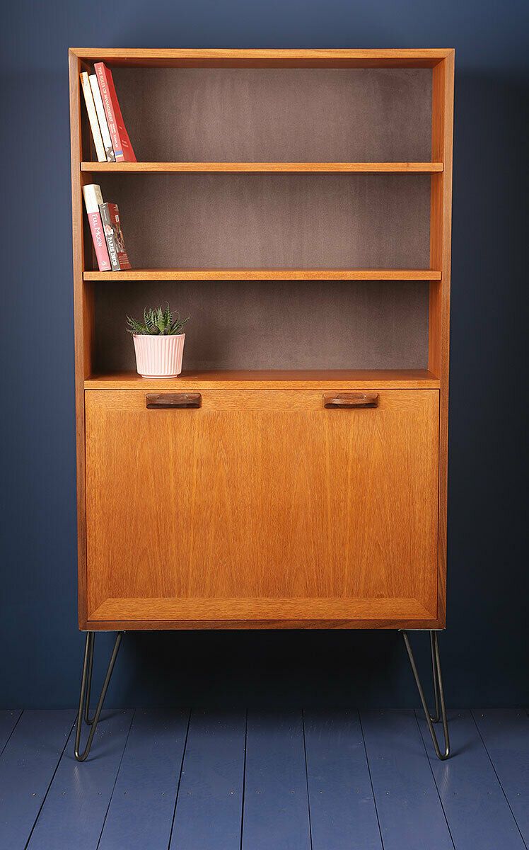 Vintage G Plan Sierra 1960s Teak Grey Display Drinks Cabinet Bookcase On Hairpin Legs Or Teak Angled Tapered Wooden Feet photo furniture