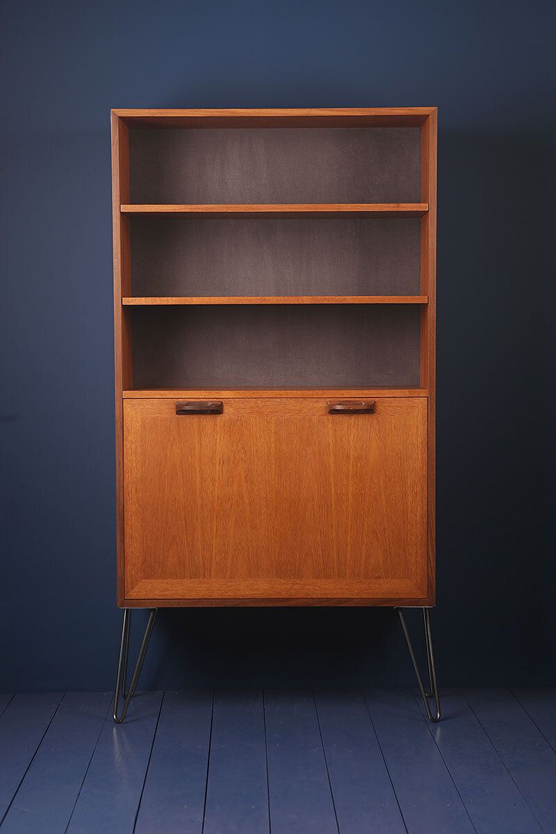 Vintage G Plan Sierra 1960s Teak Grey Display Drinks Cabinet Bookcase On Hairpin Legs Or Teak Angled Tapered Wooden Feet photo for sale