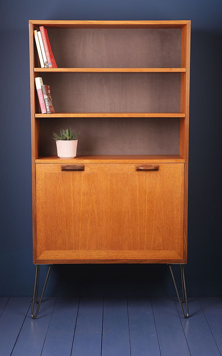 photo for sale Vintage G Plan Sierra 1960s Teak Grey Display Drinks Cabinet Bookcase On Hairpin Legs Or Teak Angled Tapered Wooden Feet