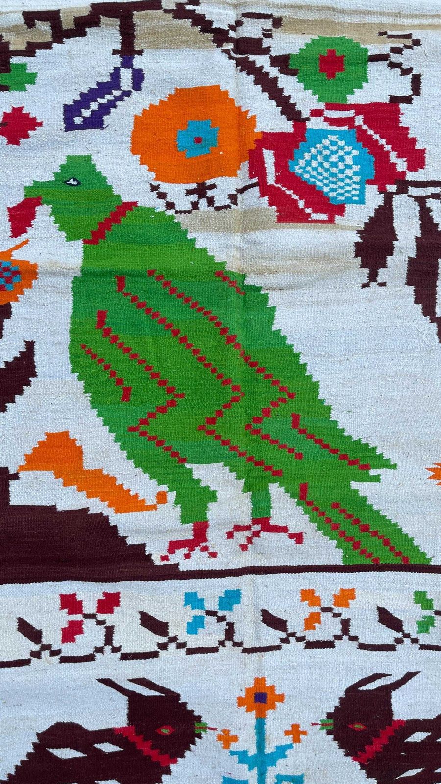 Vintage Handwoven Dhurrie Rug, Indian Folk Art Peacock Rabbit Design photo Art