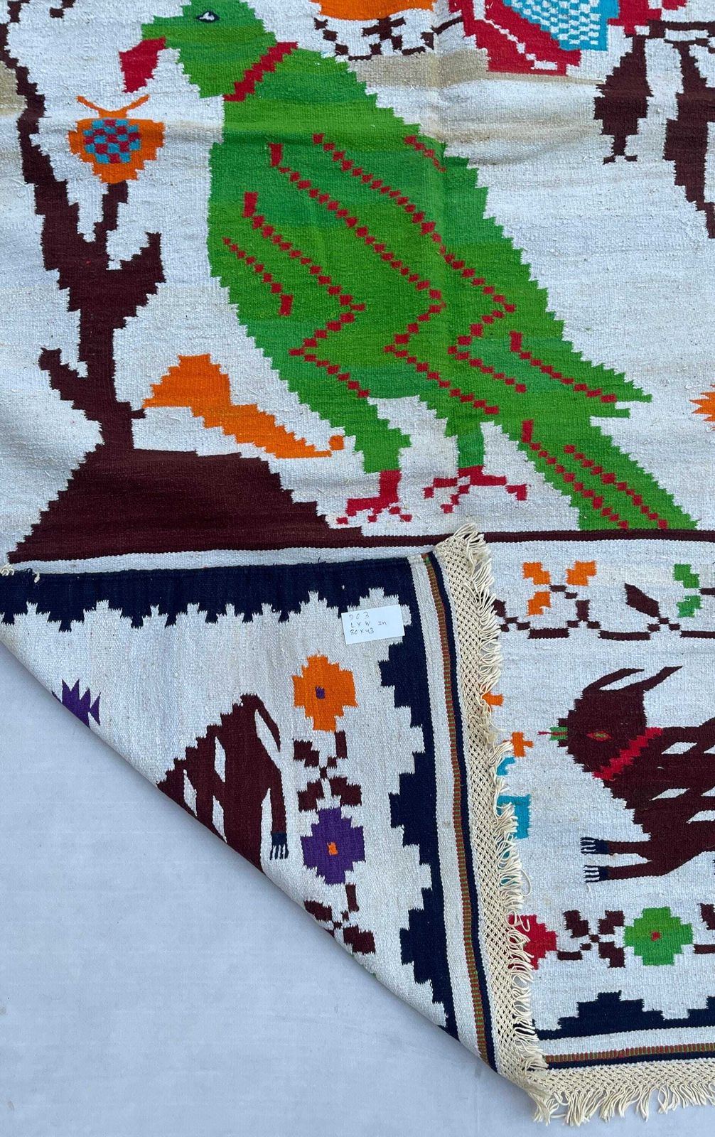 Vintage Handwoven Dhurrie Rug, Indian Folk Art Peacock Rabbit Design photo 386.0