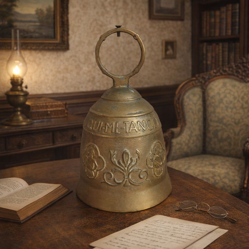 French Antique Solid Heavy Embossed Brass Bell, Bearing The Latin Motto " Qui Me Tangit Vocem Meam Audi '' photo vintage
