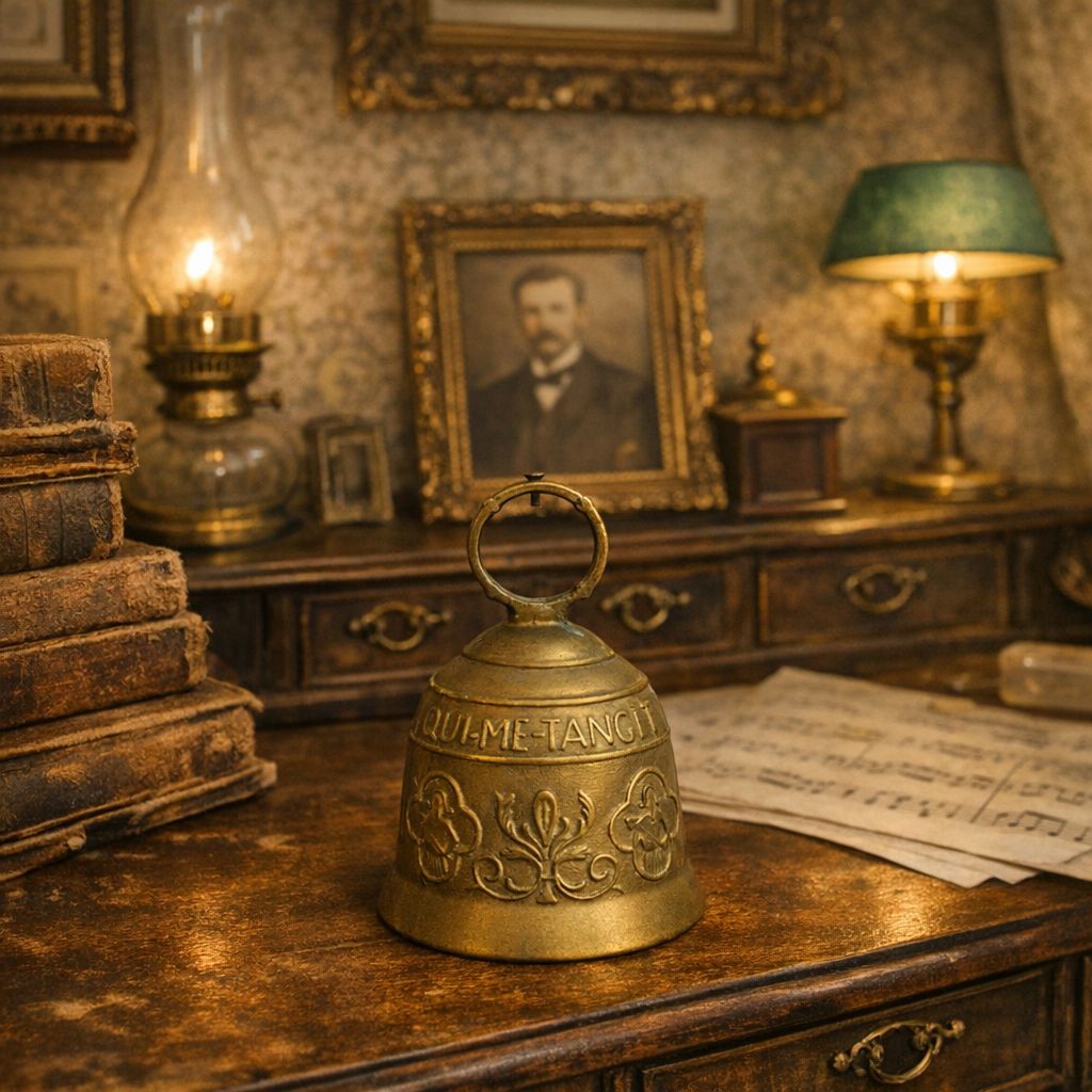 French Antique Solid Heavy Embossed Brass Bell, Bearing The Latin Motto " Qui Me Tangit Vocem Meam Audi ''