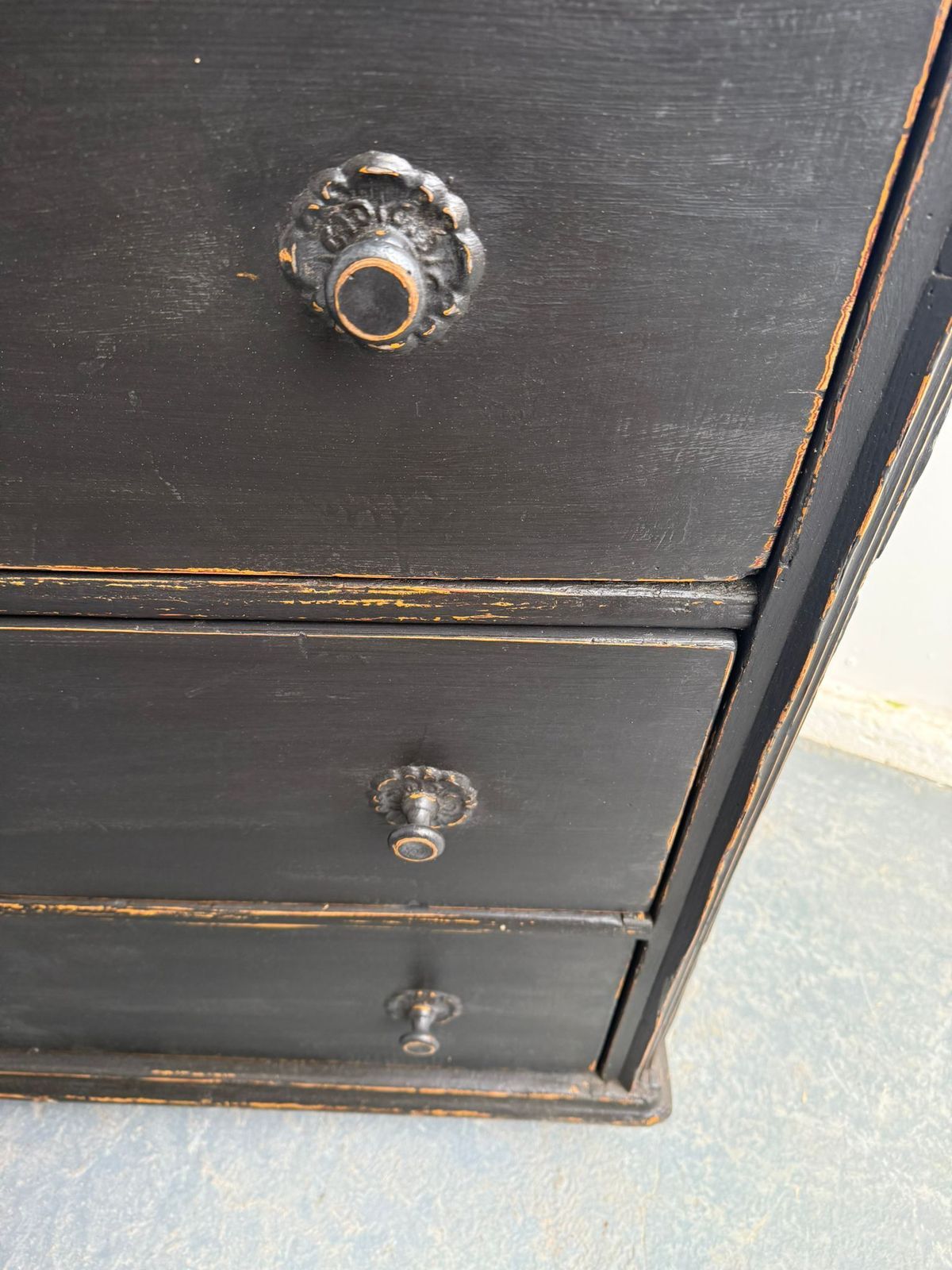 A Rare Original Hungarian Georgian Pine Black 3 Drawer Chest Of Drawers photo buy